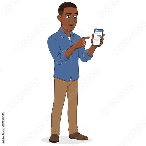 A man pointing at a smartphone screen with a surprised expression on his face indoors