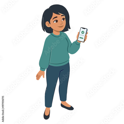 A woman holds a smartphone and looks at it with a slight smile indoors.