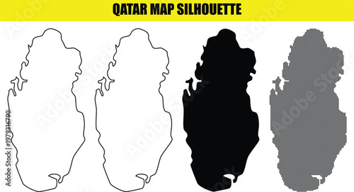 Qatar map silhouette vector collection featuring various styles including solid fill outline and halftone patterns.