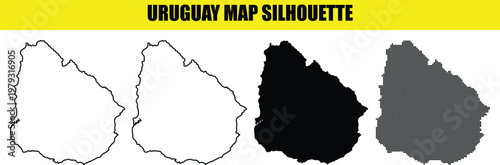 Uruguay map silhouette set including solid black shapes and detailed border outlines with modern halftone pattern.