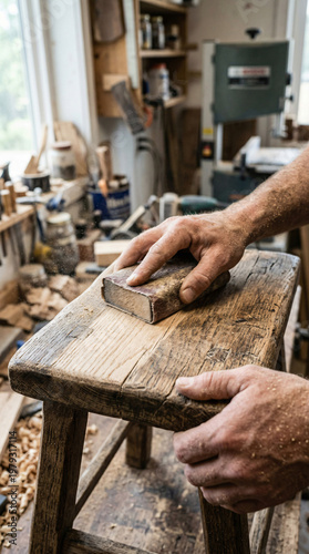 Craftsman Working on Wooden Stool in Workshop with Rustic Tools and Sawdust