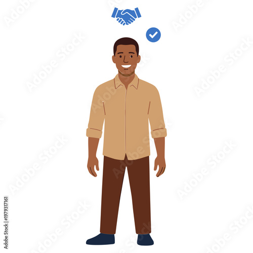 A smiling man in a tan shirt and brown pants is shown with a handshake and checkmark.