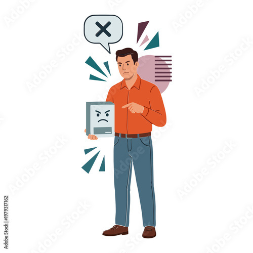 Man looks frustrated while holding a frowning digital screen and pointing at it.