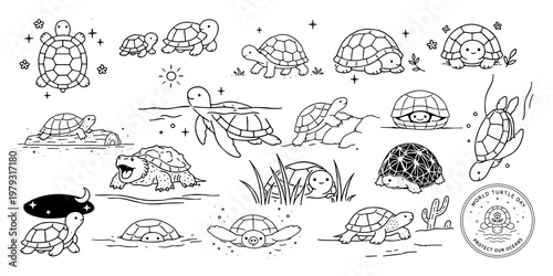 亀の手書き線画イラストセット（歩く・泳ぐ・潜る・顔を出す）、Hand Drawn Turtle Line Illustration Set (Walking, Swimming, Diving, Peeking)
