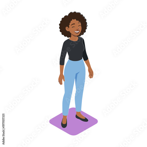 A smiling woman in casual clothes stands on a purple square platform.