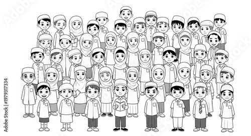 Group of diverse people standing together in a crowd, smiling.