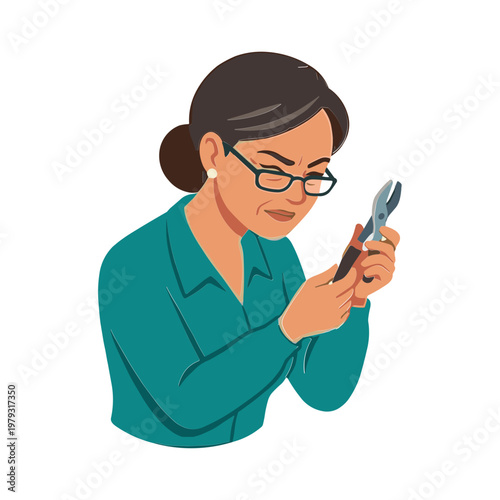 Woman looks at phone with worried expression indoors