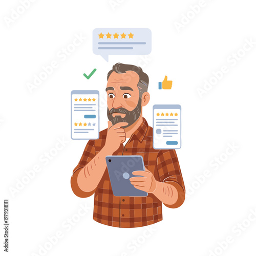 Man reviews ratings on tablet with thought bubble and feedback icons