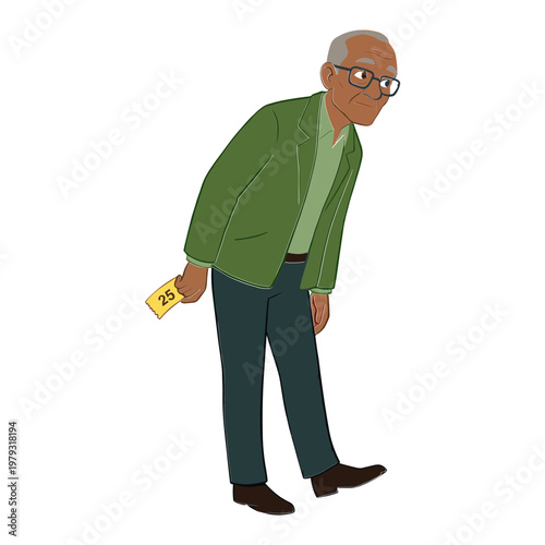 An elderly man is bending over while holding a piece of paper in his hand.