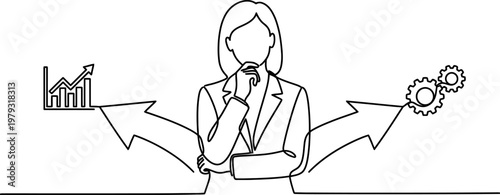 Female Manager Choosing Between Growth Strategy and System Continuous One Line Drawing
