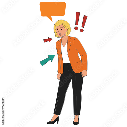 A woman reacts with surprise and speech in an office setting.