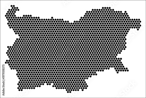 Bulgaria hexagon map. Plain black and white dotted shape template. Country tiny hexagon cells. Bulgaria flat honeycomb template. Vector Illustration.