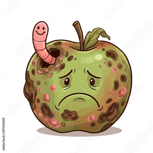 Sad green apple with worm coming out of it on white background