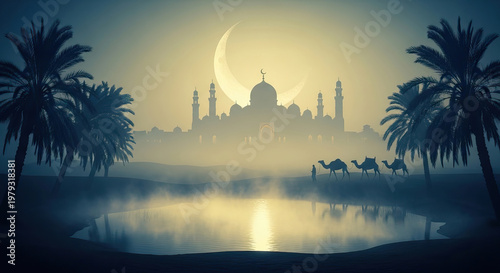 misty mosque with crescent moon, palm tree and camel caravan, suitable background for hari raya aidilfitri or hari raya haji