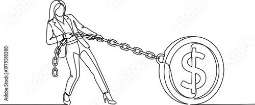 Businesswoman Pulling Giant Dollar Coin with Chain Continuous One Line Drawing