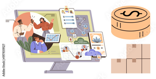 Business planning, teamwork, logistics, remote connections, financial management, e-commerce. Computer screen displaying workflow diagrams, people financial icons and packages. Business planning