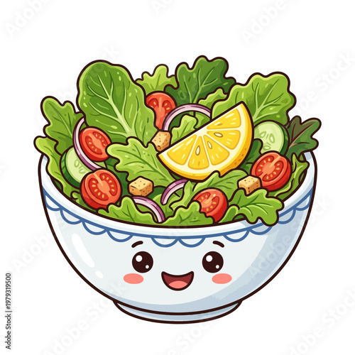 Colorful cartoon salad bowl with smiling face and fresh vegetables on white background