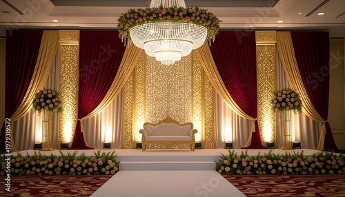 Luxurious Melayu wedding stage decoration with gold accents, velvet drapes, and crystal lighting