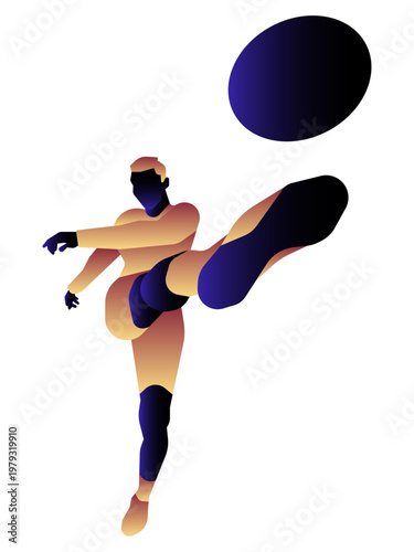 Dynamic low-angle illustration of a male figure performing a powerful high kick with a floating ball.