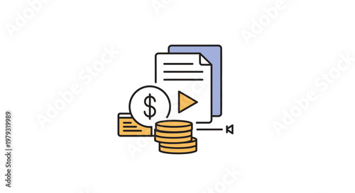 Financial technology concept illustration with documents and coins