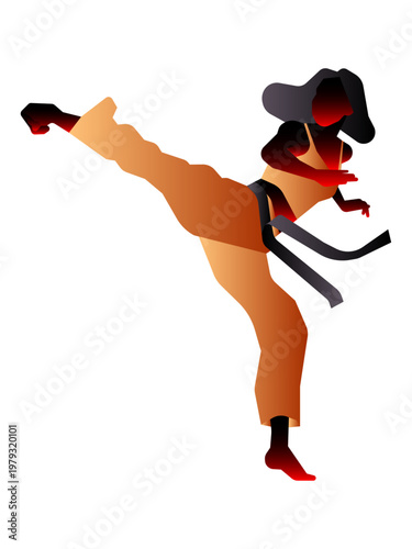 A dynamic vector illustration of a female karate athlete execution a high, powerful roundhouse kick, rendered as a warm-toned silhouette on a clean white background.