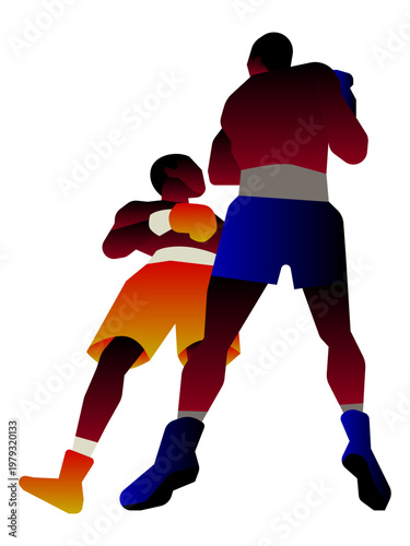 Low-angle vector illustration of two boxers in a dynamic combat pose against a white background.