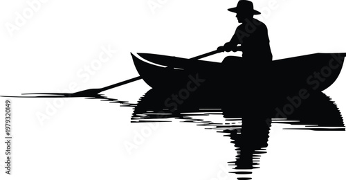 Man rowing boat silhouette on calm water, fishing and outdoor activity concept, lake reflection scene, peaceful nature lifestyle, solo boating illustration