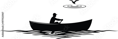 Man rowing boat silhouette on water with bird, peaceful nature concept, fishing, travel, outdoor activity, lake scene, relaxation, adventure illustration isolated