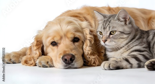 Golden Retriever Dog and Tabby Cat Lying Together