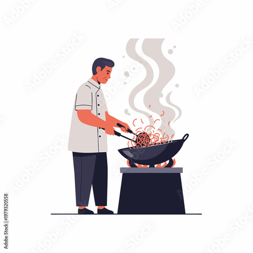 Man cooking with a wok on stove.