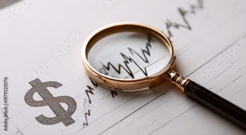 Magnifying glass over fluctuating graph with dollar sign on paper
