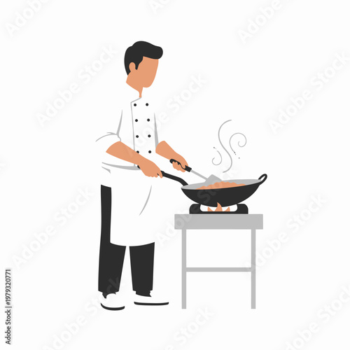 A male chef in a white uniform and apron cooking food in a steaming wok on a gas stove, preparing a meal with a spatula.