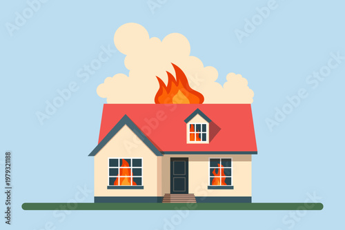 Burning house. Residential building engulfed in flames and smoke. Fire emergency concept. Vector illustration for safety brochure design.