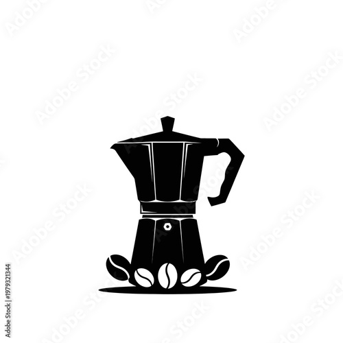 Moka Pot with Coffee Beans and Steam Icon for Cafe and Beverage