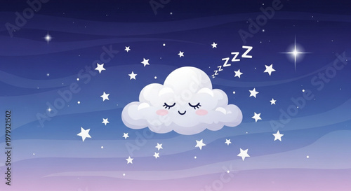 Sleepy cartoon cloud with closed eyes and zzz bubbles floating in a starry night sky with a gradient of blue and purple hues