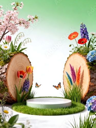 Spring Scene with Tree Stumps and Floral Decor