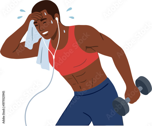 Man exercising with dumbbell and wiping sweat