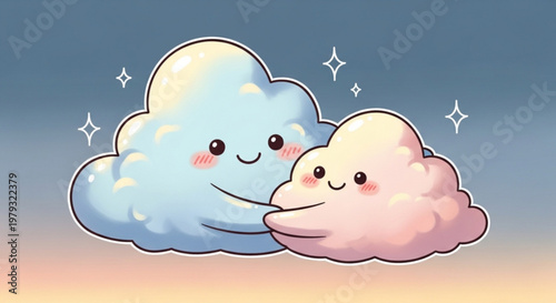 Two cute cartoon clouds with smiling faces and rosy cheeks embracing in a starry sky at sunset