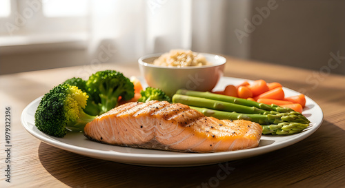 Grilled salmon fillet with fresh steamed broccoli, green beans, and quinoa on a white plate in a cozy kitchen setting