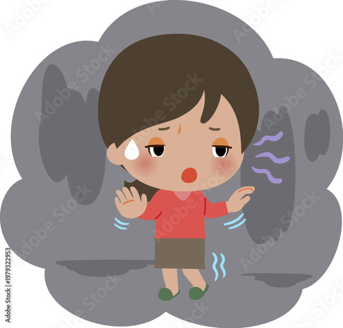 暗闇の中を手探りしながら歩く女性