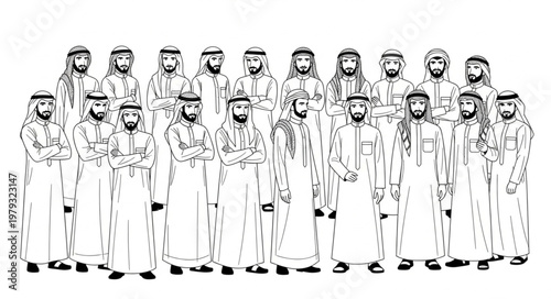 Group of men in traditional Arab attire standing together.