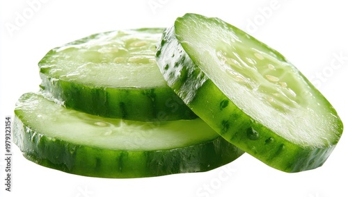 Stacked fresh green cucumber slices with visible seeds and skin