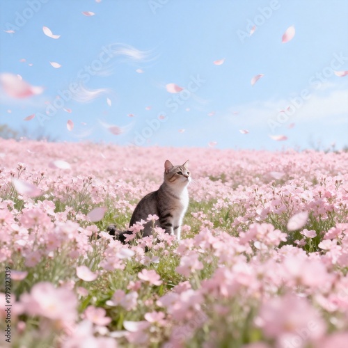 Tabby Cat Amidst Pink Flowers and Falling Petals