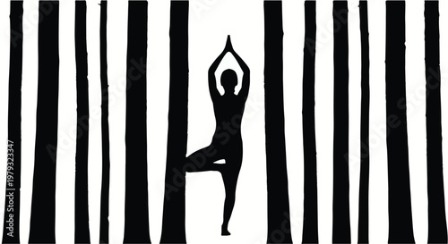 Silhouette of a person in tree pose amidst a stylized forest of black and white stripes.