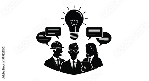 Diverse team collaborates on innovative idea with bright lightbulb symbolizing inspiration.