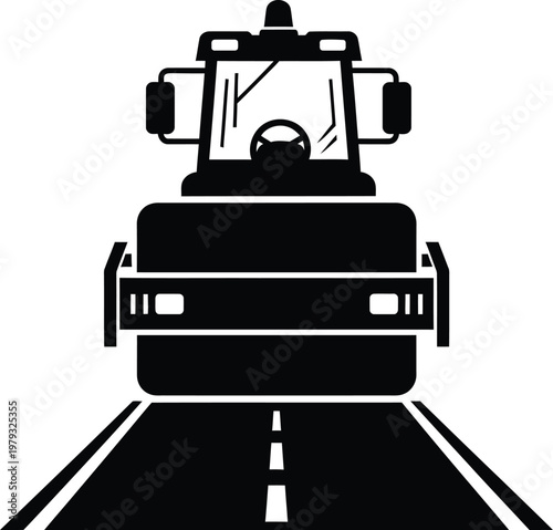 Road roller moves forward on a paved highway to smooth the surface during a construction project for civil infrastructure.