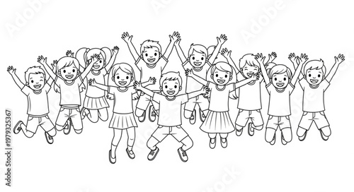 Group of Happy Children Jumping Joyfully Together.