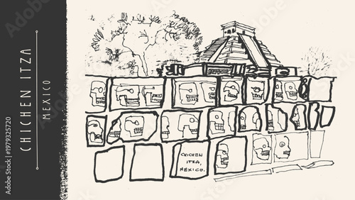 Chichen Itza, Mexico. Mayan pyramid temple and Tzompantli skull wall. Ancient Yucatan civilization tourism landmark. Archaeological ruins and stone platform. Hand drawn pencil sketch. Vintage postcard