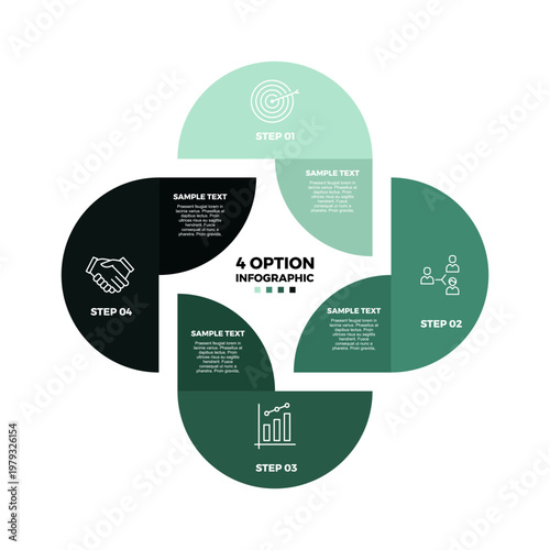 Circle chart infographic with 4 option steps and business icons for presentation templates, slides, web, posters, banners, brochures, and reports. Vector EPS
