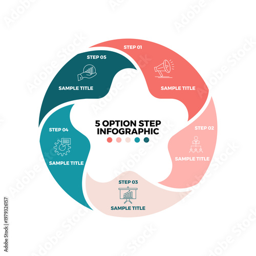 Circle chart infographic diagram with 5 step options for business visual presentation template or report. Editable vector illustration